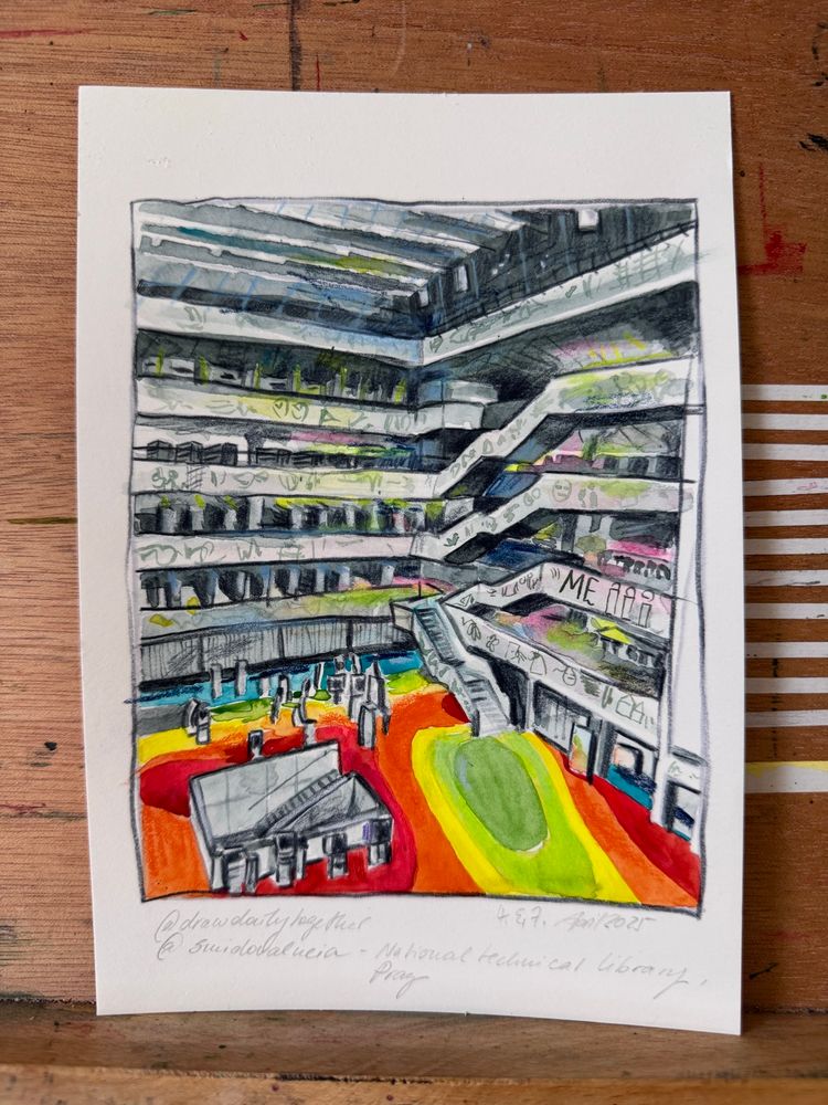 A colorful sketch of the interior of the National Technical Library in Prague. The design features multiple levels, with steps and seating spaces, surrounded by vibrant rainbow-colored flooring. Walls exhibit graffiti and handwritten notes.