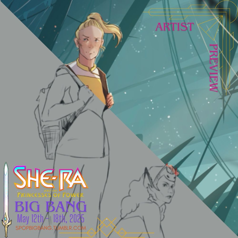 The image features character designs from "She-Ra and the Princesses of Power." One side shows a character with a ponytail and backpack, while the other side displays a character with distinct features in profile. Text indicates it's a preview for an upcoming event. Spop Big Bang May 12th - 18th