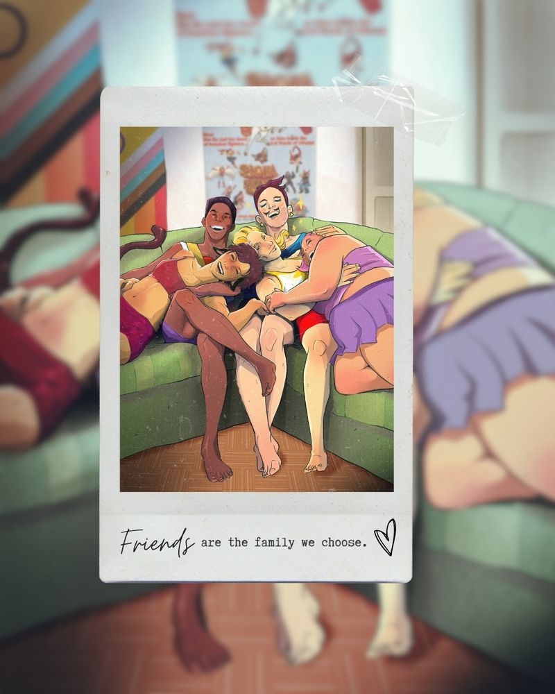 A group of five friends lounges together on a couch, smiling and embracing each other warmly. One person is reaching out toward them, while speech bubbles indicate playful dialogue about the person reaching out hurrying to come to them on the couch. The setting has a cozy vibe with colorful decor in the background, a pride flag and an old She-Ra Poster. The characters shown in the piece from left to right are: Catra, Bow, Seahawk, Adora and Glimmer.