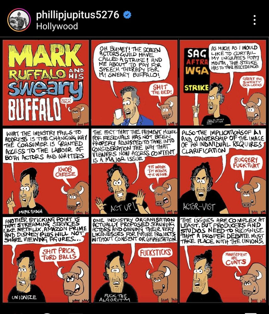 A comic in which Mark Ruffalo explains what's happening in the current SAG and WGA strikes while a buffalo swears. 

