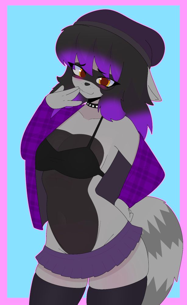 Anthrophormic raccoon posed showing off her new outfit.