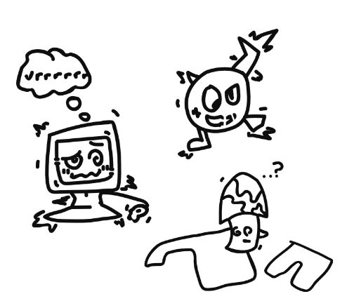 vector sketches of people turning into various things, on the left a person is being turned into a computer, looking hypnotized and dazed, on the top right a person is being turned into a bully from SM64, and on the bottom right of a hypno-shroom from PvZ (which used to be a person) looking groggily at their clothing with a confused expression