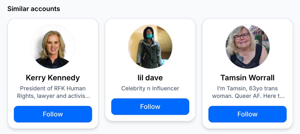 Bluesky lists "similar accounts" to my own. Friends, they all seem like lovely people, but they do not seem similar to me.