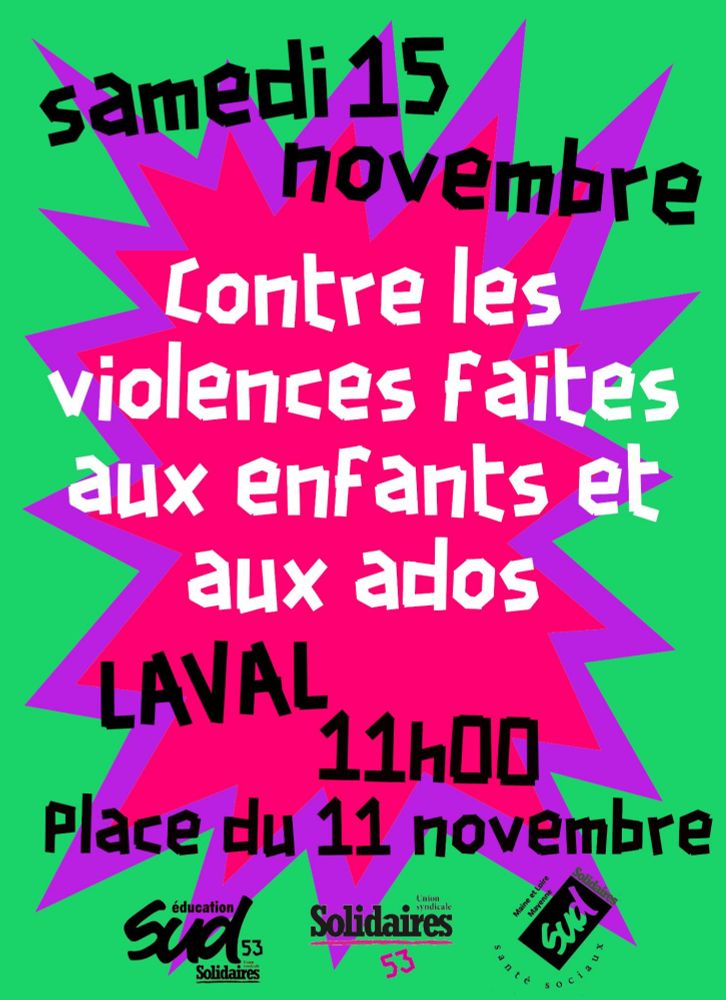 Affiche verte - violette - rouge qui donne les informations décrites dans le texte avec les logos SUD-Solidaires.
