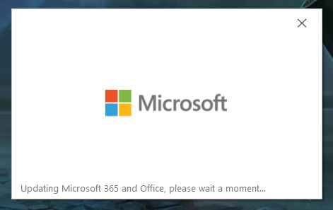 A screencap of a Microsoft loading window in white, with the subtext "Updating Microsoft 365 and Office, please wait a moment...", which inevitably precedes me ruthlessly scouring it to make sure it's not snuck AI into my computer when I didn't ask it to.