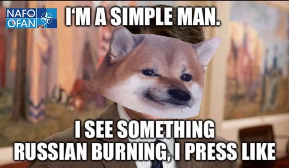 NAFO/OFAN meme with text: I'm a simple man. I see something Russian burning, I press LIKE.