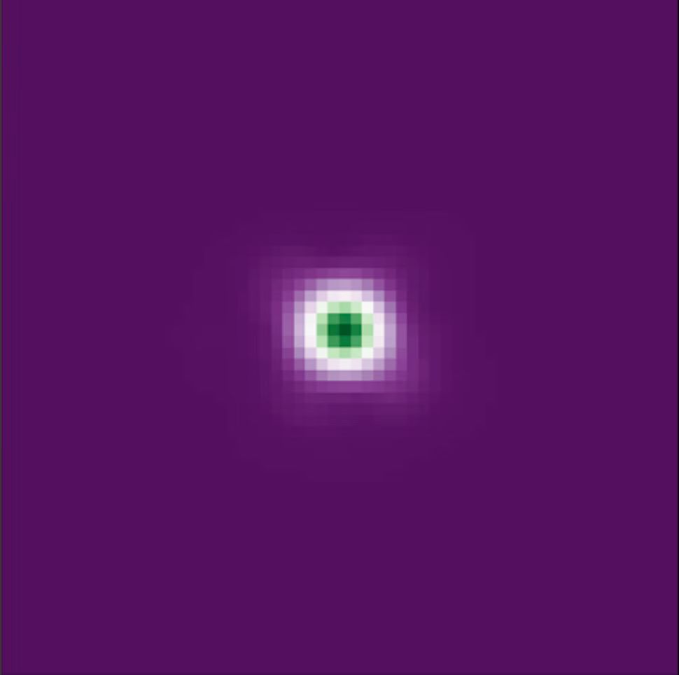 A green dot (Mars) surrounded by a white ring on a purple background. A faint white x pattern is visible