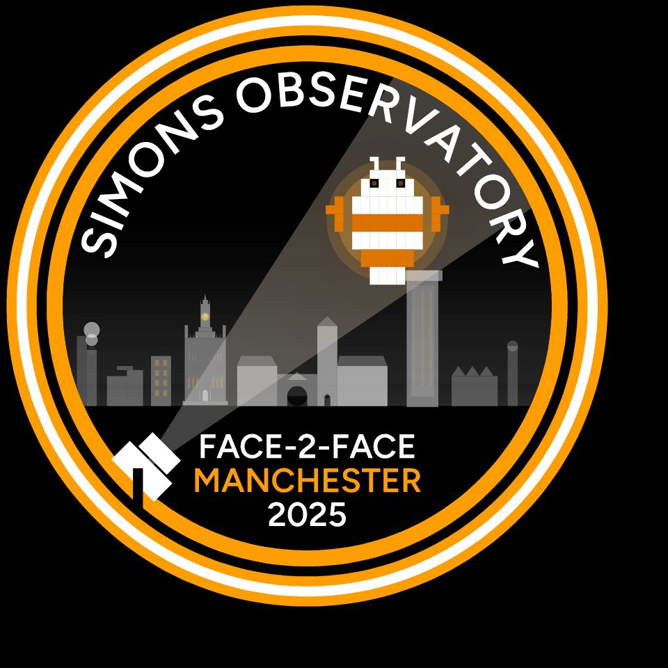 A roundel with written "Simons Observatory" on top and "Face-2-face Manchester 2025" at the bottom. The roundel shows the Manchester skyline in grey on a black background. A stylized telescope at the bottom left shines a light at a white and orange pixel-art bee. 