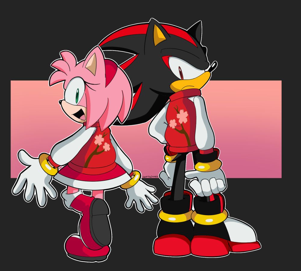 Amy and Shadow standing next to each other showing the back of their jackets, which are matching. The picture on the jacket's back is a branch with cherry blossoms on it. 