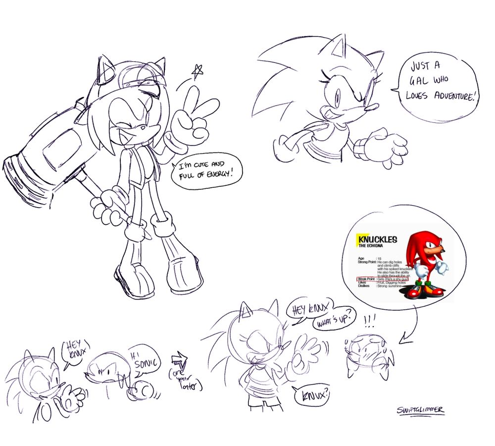 Transmasc Amy giving a peace sign, saying "I'm cute and full of energy!", Transfem Sonic saying "Just a gal who loves adventure!" and Knuckles getting flustered over Sonic because he is shy with girls. 