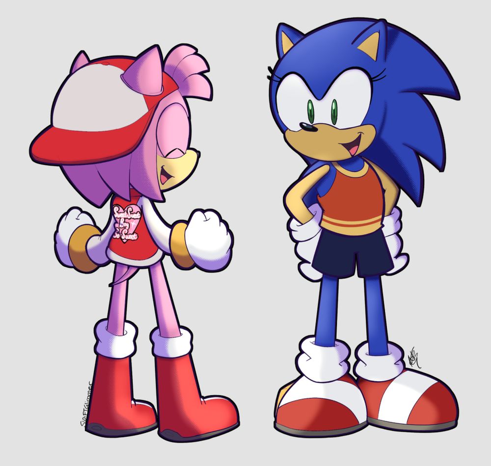 Transfem Sonic and Transmasc Amy standing next together.