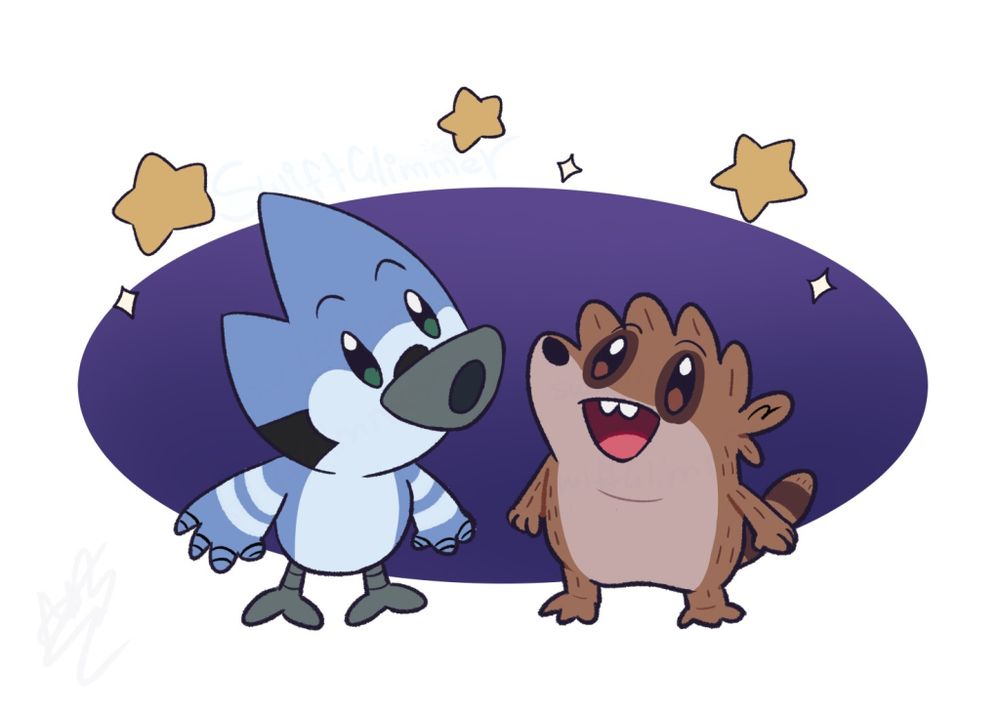 Mordecai and Rigby in the We Baby Bears art style looking at stars above them. Mordecai is on the left with a surprised expression, while Rigby is on the right, smiling.