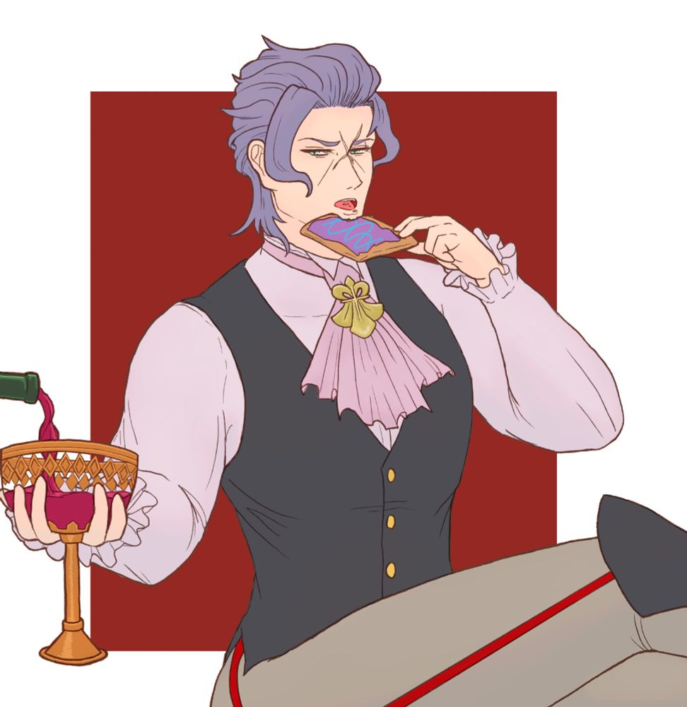 Barok sitting with wine and a pop tart, inspired by var's fic Dangerously Delicious
