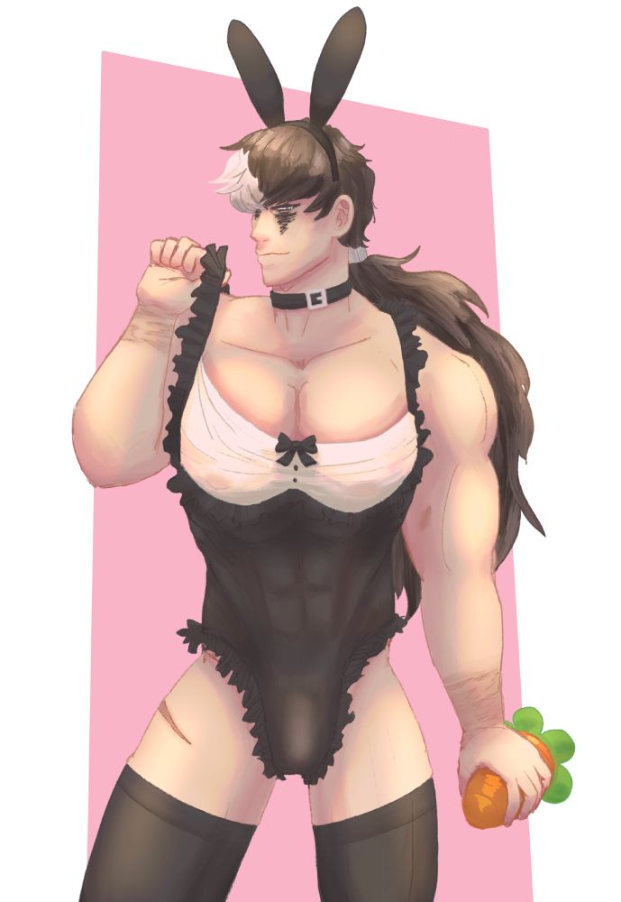Simón blackquill in a bunny suit holding a giant carrot. He is flexing one of the straps of his one piece, sizable simongas
