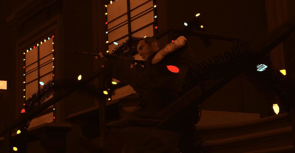 Niko Bellic holding a rifle while walking down a front stoop decorated with garland and Christmas lights.