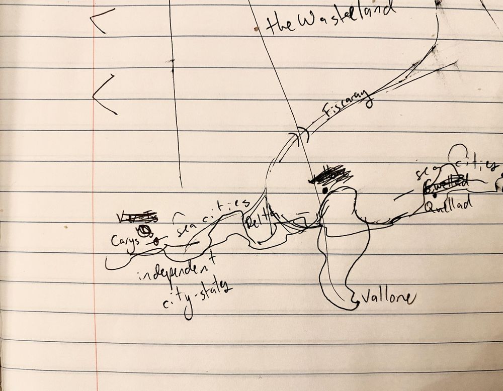 a corner of a map hand-drawn in a lined notebook, showing a coastline, some mountains, and labeled cities. the handwriting is messy, the ink is smudged, multiple names are crossed out and re-written, and the coastline has been re-drawn in pen several times so it's difficult to tell where it's actually meant to be