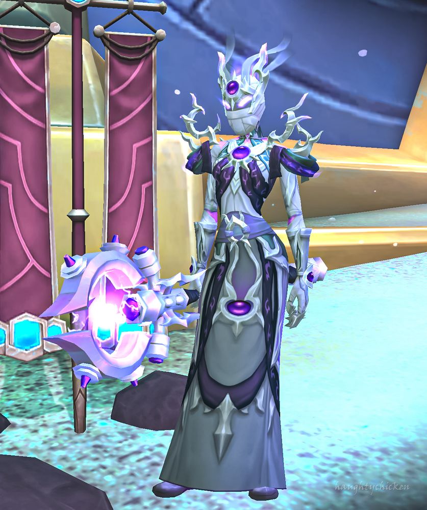 My character dressed in recent quest drops from K'aresh. The gear is largely muted greys, silver, some dark purple and wispy ethereal ribbon like threads. There are embellishments of runes across the dark purple areas of the robe.