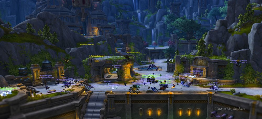 A screenshot of the city of Dornogal in World of Warcraft depicting many players going about their gaming business.