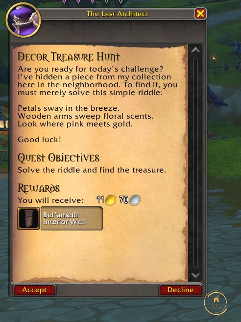 Text box for a Decor Treasure Hunt with a riddle (clues) and the reward of a Bel'ameth Interior Wall.
