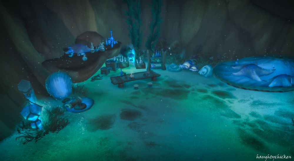 An as yet unpopulated underwater bar in a sandy cave. There are multiple bottles in a rustic bar area and large shells and starfish.
