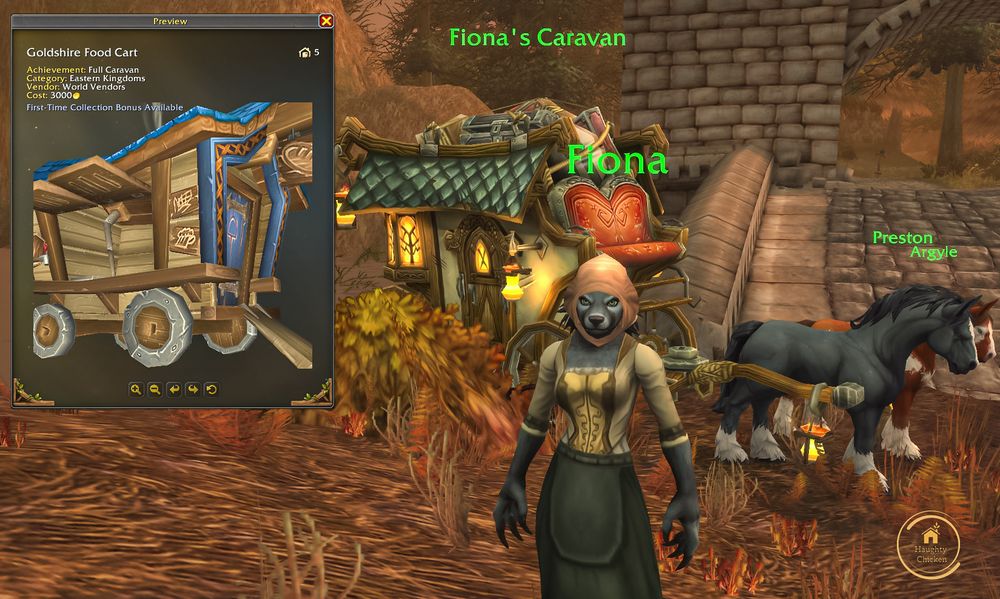 Fiona at her Caravan selling a Goldshire Food Cart for 3000 gold.