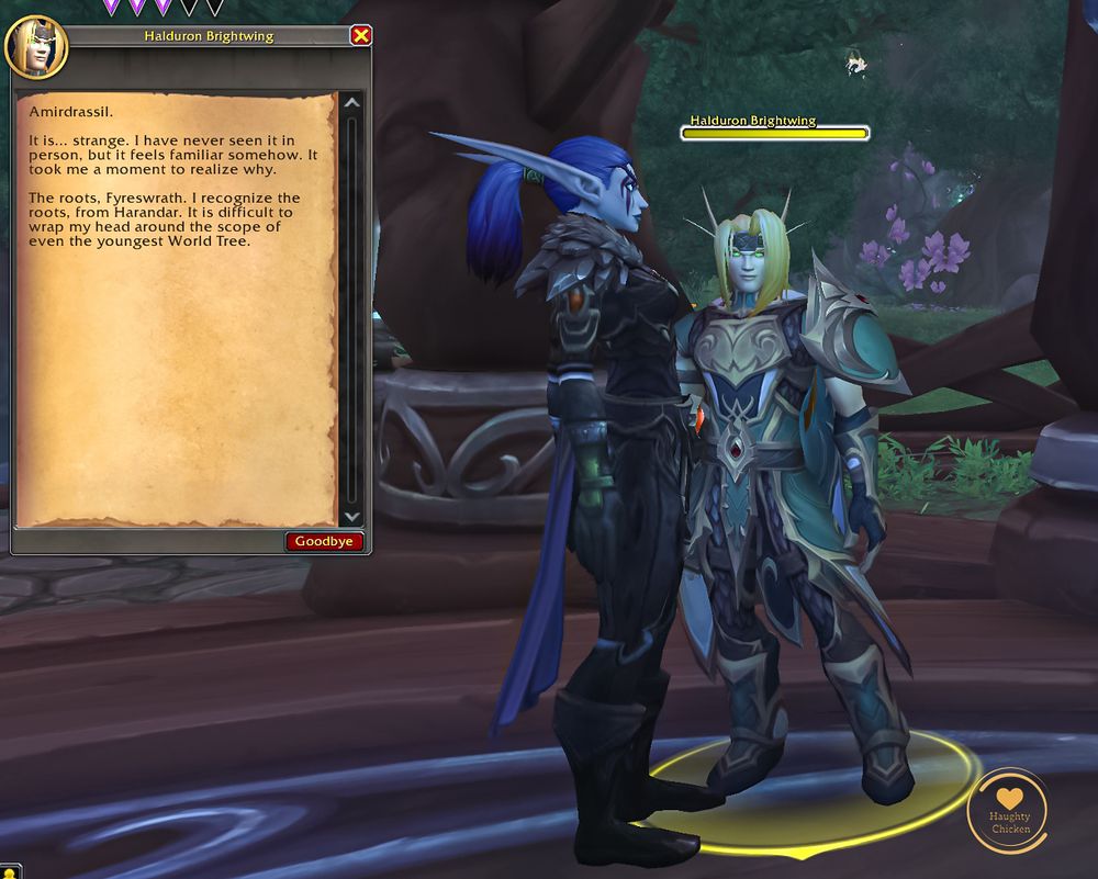 Holduron Brightwing saying "Amirdrassil. It is ... strange. I have never seen it in person, but it feels familiar somehow. It took me a moment to realise why. The roots, i recognize the roots, from Harandar. It is difficult to wrap my head around the scope of even the youngest World Tree.