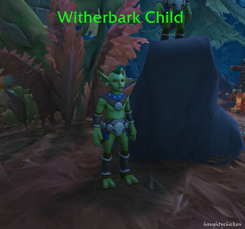 A Witherbark Child with a short green mohawk and purple armor.