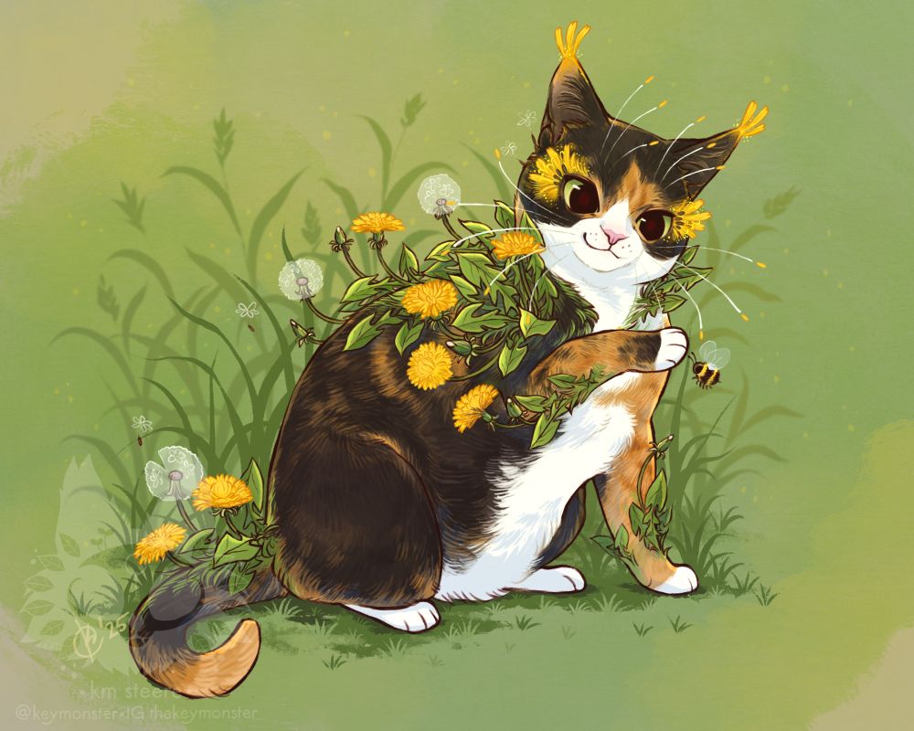 Digital art-piece of our calico cat Dora, decorated with dandelions, with her paw raised to playfully tap a bumblebee.