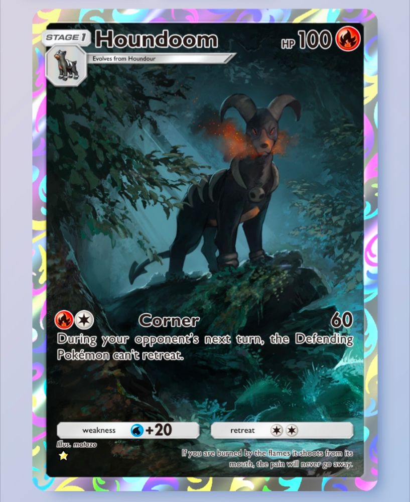 A screenshot from Pokémon tcg pocket showing a houndoom in a dark forest standing on a log. The houndoom has smoke and embers emanating from its mouth.
