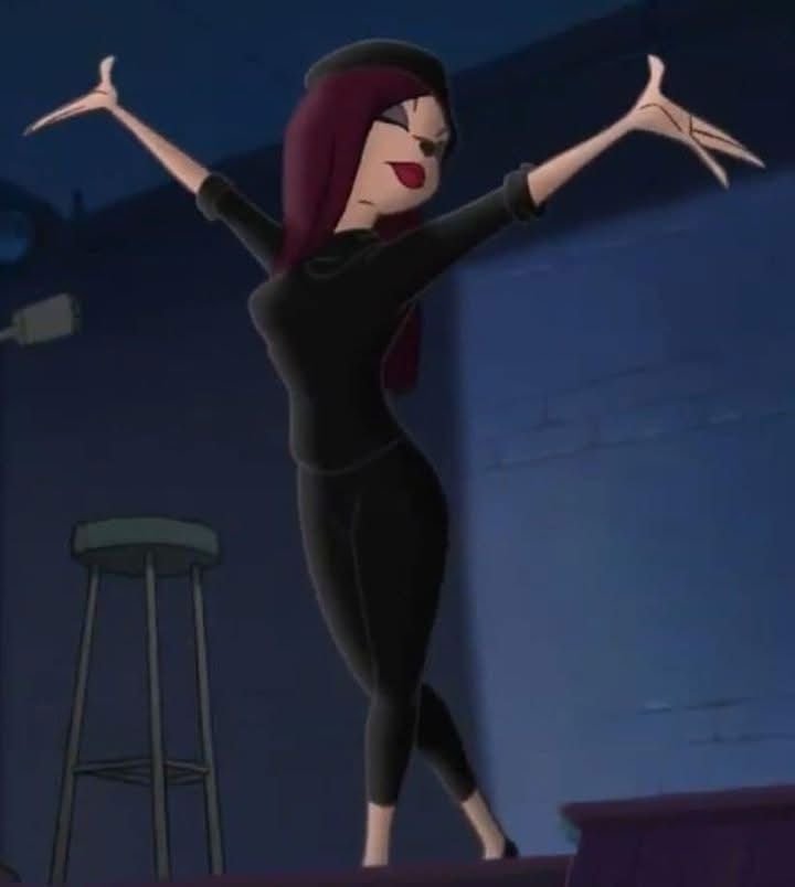 French poetry girl from “extremely goofy movie” in black outfit with matching beret. she’s on stage taking in the audience support
