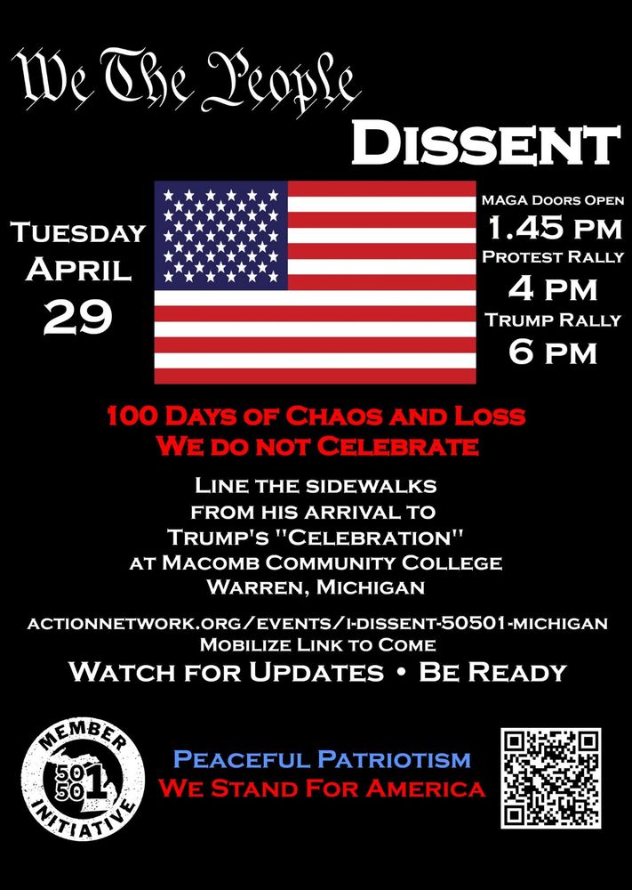 Advertisement for the We The People protest on April 29th at Macomb Community College in Warren Michigan to protest the rally that Trump is holding. 