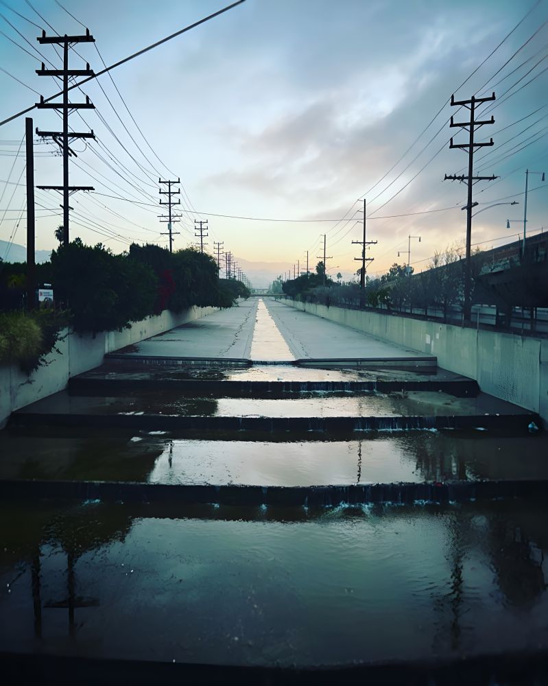 Waterway lined with trees and telephone poles in Glendale, California. Early morning during the sunrise with still water. 