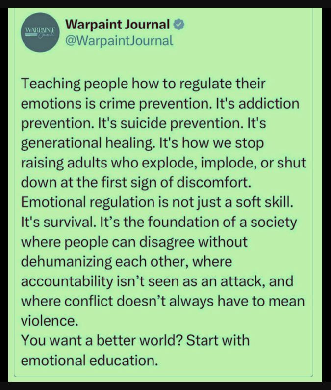 Teaching people how to regulate their emotions is crime prevention. It's addiction prevention. It's suicide prevention. It's generational healing. It's how we stop raising adults who explode, implode, or shut down at the first sign of discomfort. 

Emotional regulation is not just a soft skill. It's survival. It's the foundation of a society where people can disagree without dehumanizing each other, where accountability isn't seen as an attack, and where conflict doesn't always have to mean violence. You want a better world? Start with emotional education. 

—Warpaint Journal  @Warpaintjournal