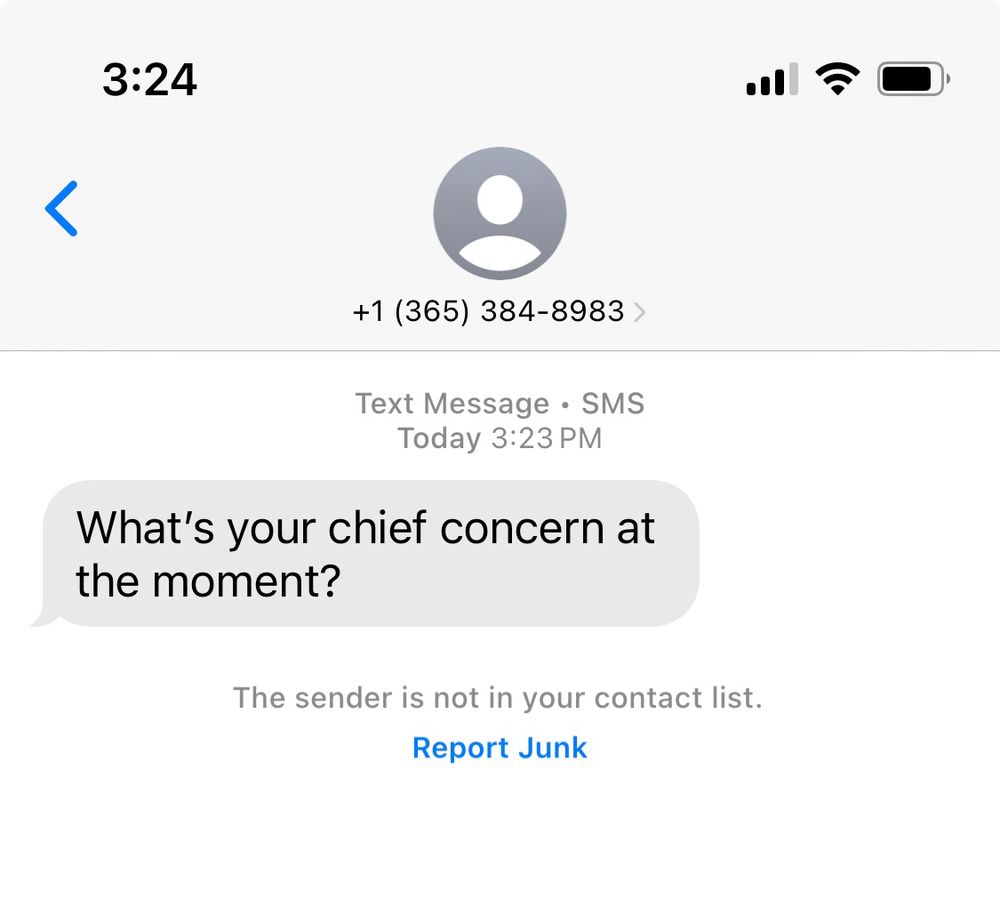 A text from a spam phone number that reads “what’s your chief concern at the moment?”
