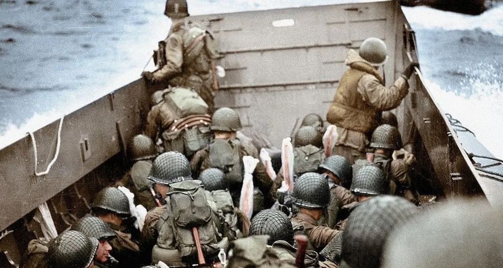 Higgins boat, packed with soldiers, getting ready to land at Normandy, France on 6 June 1944.