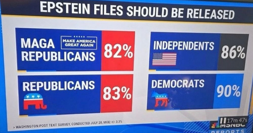 Washington Post survey, 28 July 2025, re percentage of Americans who think the Epstein files should be released:
MAGA Republicans 82%
Republicans 83%
Independents 86%
Democrats 90%