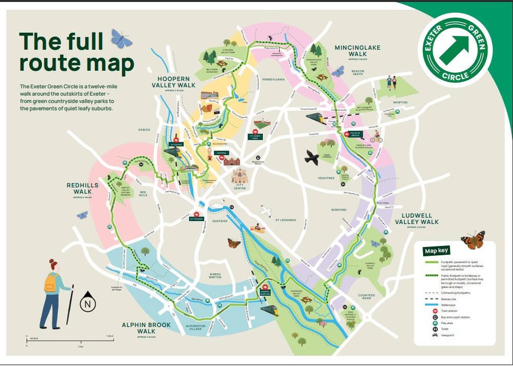 A map showing the Exeter Green circle route with each section highlighted in a different colour.