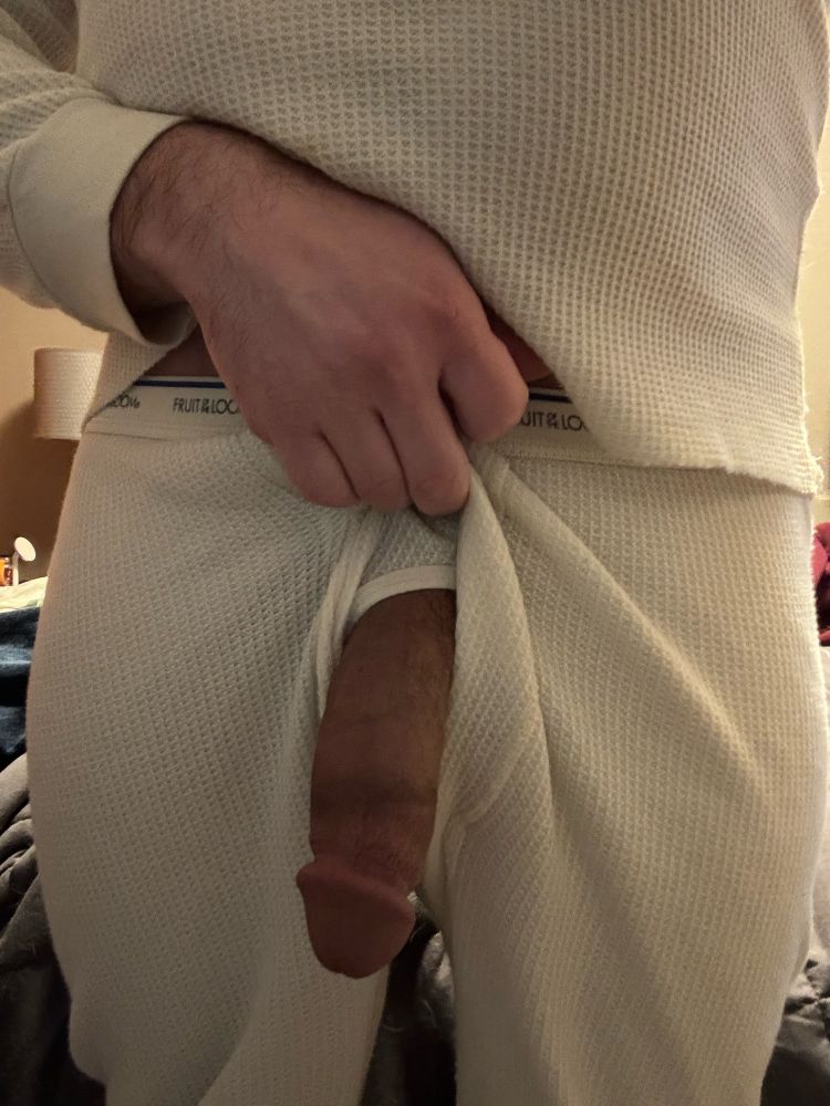My long chubby dick hanging out of the fly of my white thermal long underwear. 