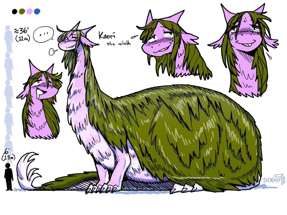 Kaori "The Sloth" is an enormous, furry, feral-type female dragon. She towers above average humans at over 6 times the height. Her fluffy undercoat is mauve, with an overcoat of long, olive-green hair. She sports a permanent lazy-but-happy expression.