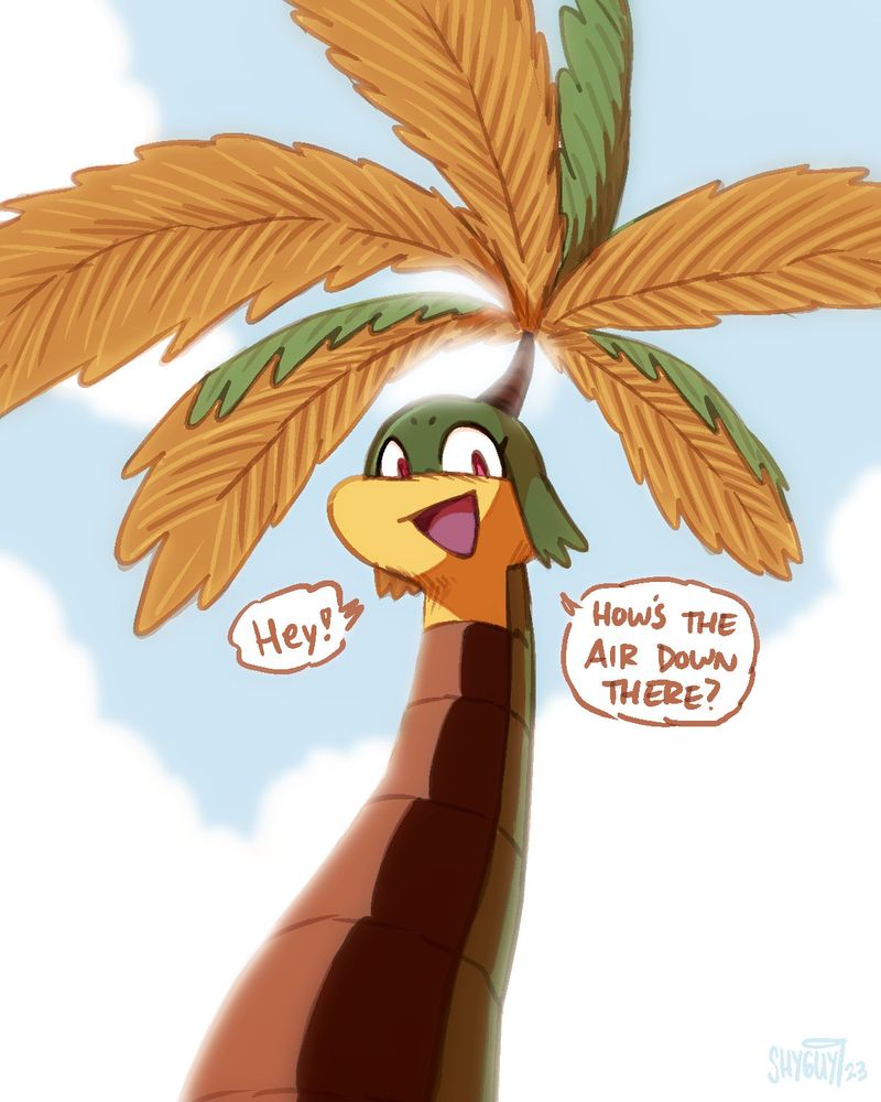 Headshot of Palmela the palm tree dragon. She's looking at the viewer and asking, "Hey! How's the air down there?" The sun is directly behind her.