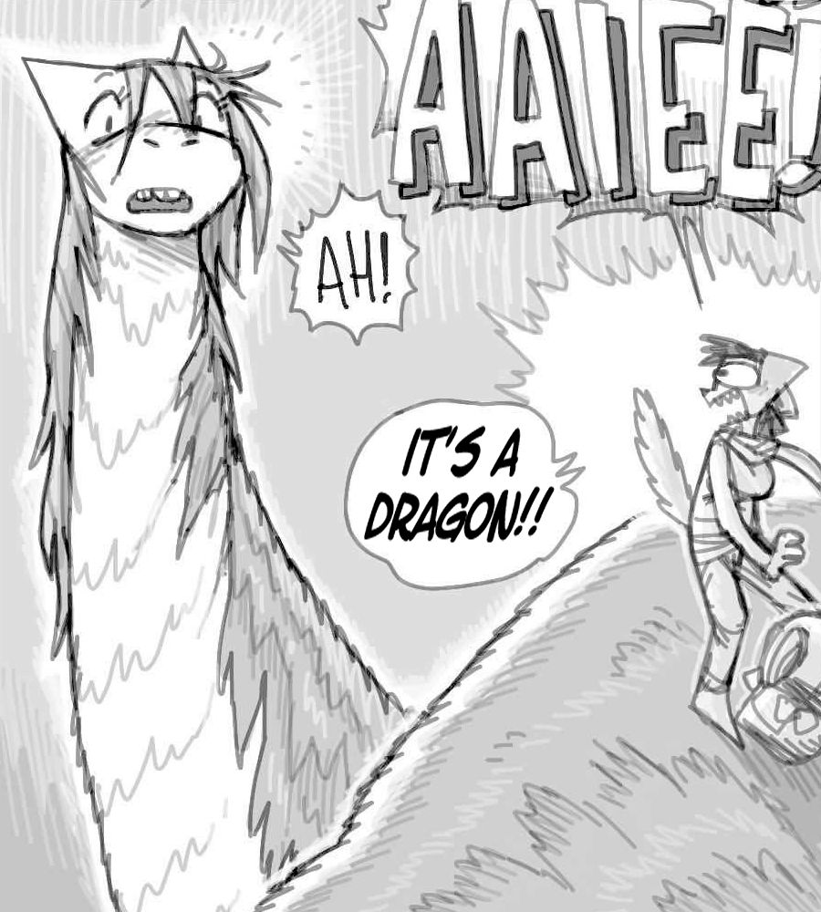 Teaser for the comic. A feline hiker screaming at the sight of a surprise dragon encounter with Kaori the dragon, AKA "The Sloth", who is equally surprised at her encounter with the hiker.