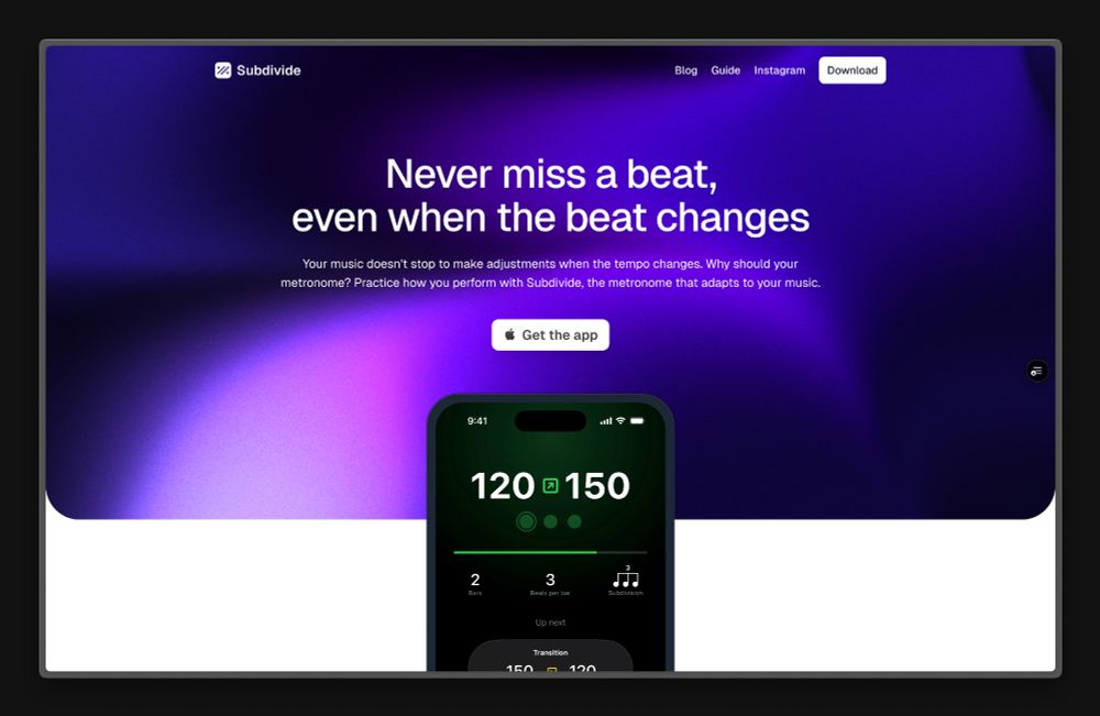 A screenshot of Subdivide's website homepage. The title says, "Never Miss a Beat, even when the beat changes". It also shows a mock-up of Subdivide tracks playing on a phone.