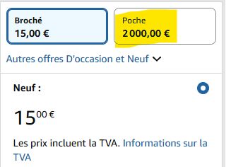 Screen du prix d'un livre. 15euros en broché, 2000 en poche.