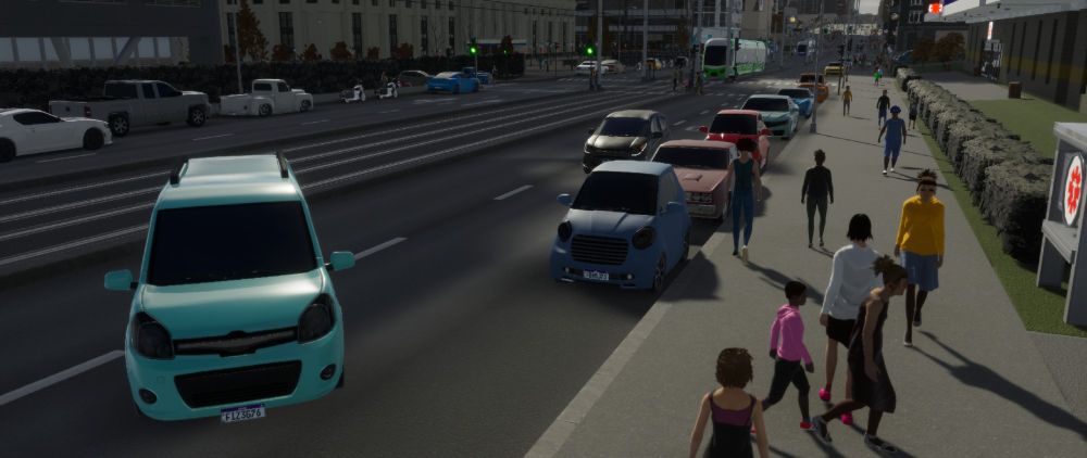 Imagem do jogo Cities Skylines 2 com alguns detalhes adicionados pelo mod Write Everywhere, como placas de veículos e letreiros de led.