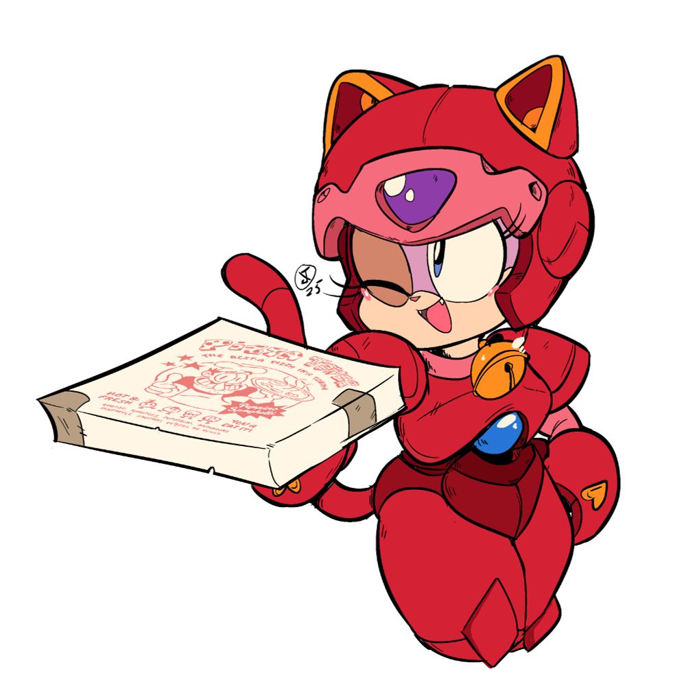 Polly Ester from Samurai Pizza Cats winking and holding a pizza box with a familar face on it