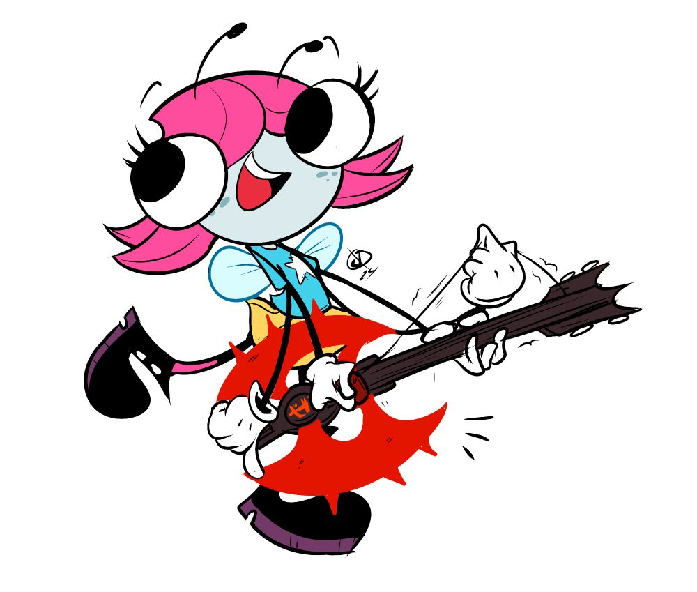 Maggie Pesky from The Buzz on Maggie cartoon, playing on Doom Slayer's crucible axe guitar