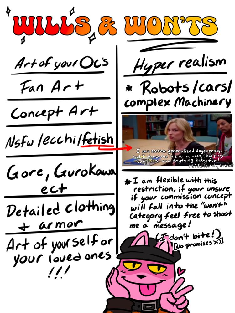 A list of wills & won’ts for commissioning

Wills:
Art of your Oc’s
Fan art
concept art
NSFW/ ecchi/ Fetish (there are a few exceptions expanded upon in “Won’ts”)
Gore/ Gurokawa etc.
Detailed clothing & armor
Art of yourself or your loved ones

Won’ts: 
Hyper realism
Robots/ cars/ complex machinery (I am flexible with this restriction)
( Below is a edited image of a meme from the Tv show “Community”, commonly known as the “I can excuse racism” meme, the text reads ) I can excuse generalized degeneracy , but I draw the line at non-con, skat play, urophilia and anything baby fur!

Underneath the list is a simple doodle of the pink cat holding up a peace sign and sticking out its tongue.
Above their head is a note that reads “if you’re (misspelled y o u r whaaa) unsure if your commission concept will fall into the “won’t” category feel free to shoot me a message! ( I don’t bite! [no promises >:)])

[End ID]