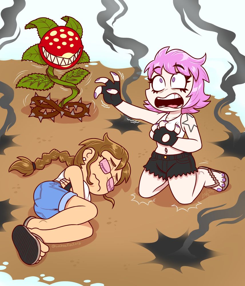Drawing. Vale Ramirez and Jess Poisson from Max Comix, dying after being hit by the explosive seed of a spitting plant in a Crash Bandicoot level.