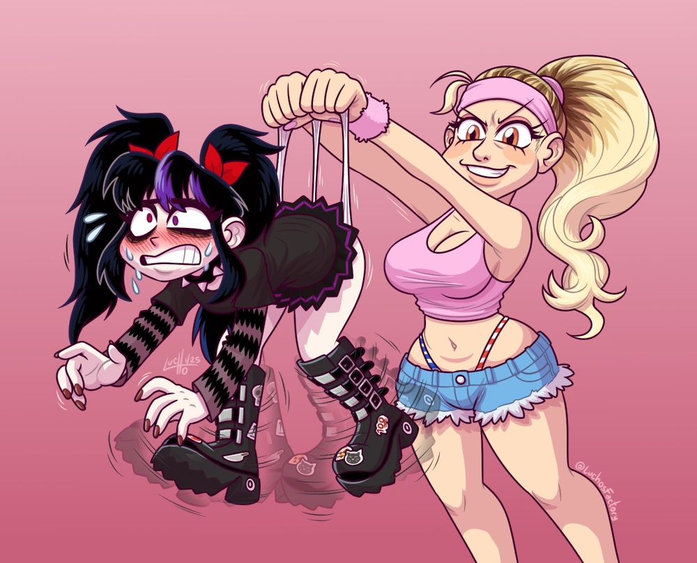 Drawing of two female OCs, a blonde one (April) giving the black haired one (Belinda) a wedgie. Belinda is hanging in the air by her underwear, moving her legs in pain and embarrassment.