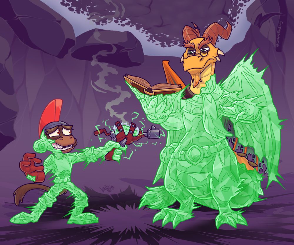 Drawing. Agent 9 and Cedric are standing inside a cave, partially encased in crystal. Agent 9 is holding a broken gun, with a piece of crystal in the middle, implying that the gun just exploded and crystalized both of them.
Cedric is looking annoyed while Agent 9 has a nervous smile.